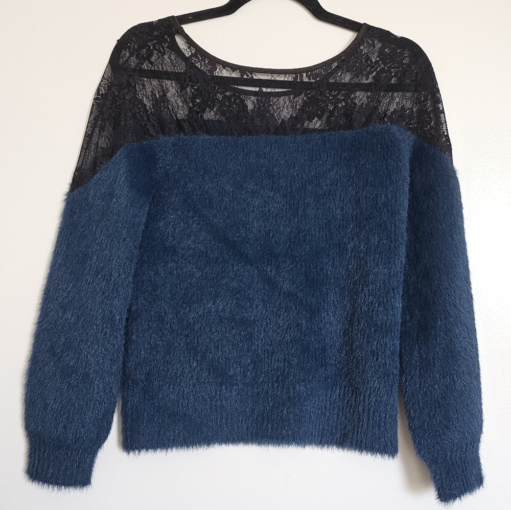 Lip Service Gyaru Japan Blue and Black Lace Cold Shoulder Fuzzy Sweater